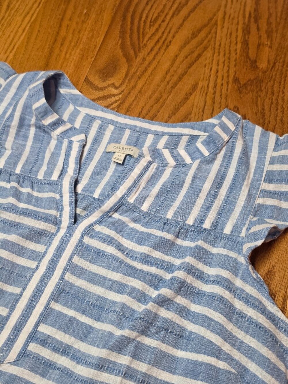 Talbots Blue White Stripe V-neck Flutter Sleeve 100% Cotton Top Women size M